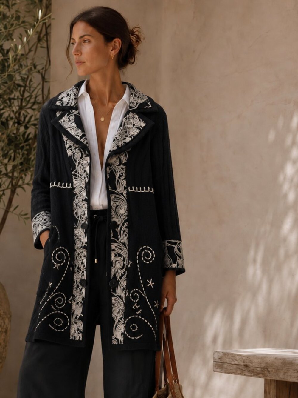 Parkhurst wool blend long cardigan, embroidered